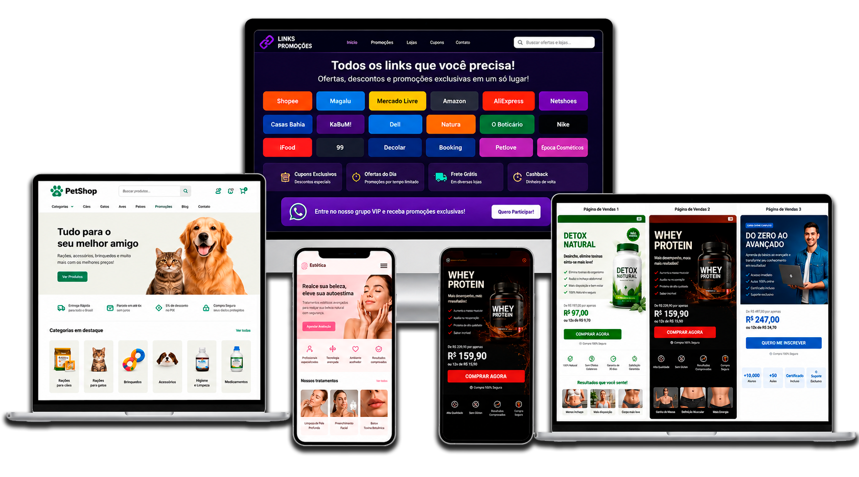 Exemplos de sites criados com a I.A da MRO em notebook, monitor e celular